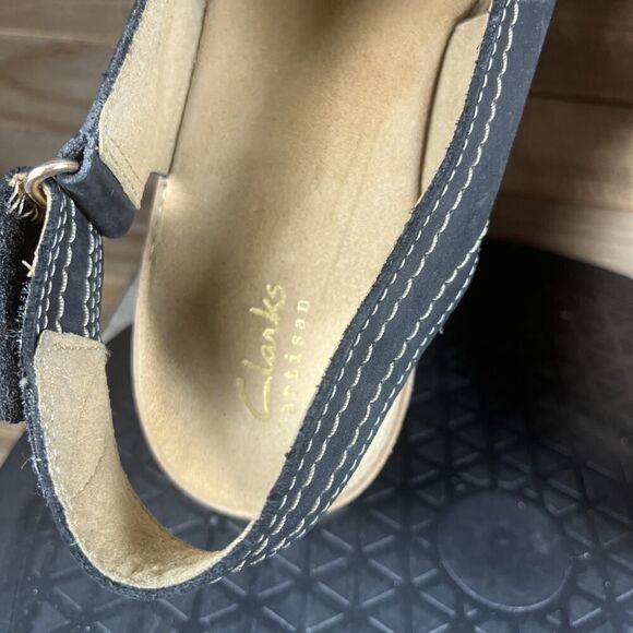 Clarks Womens Size 9M Black Aisley Tulip Sandals Suede Wedge Heels Slingback - Picture 7 of 10